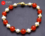 Qingmos Natural Pearl Bracelet Women's Jewelry 8mm Red Jade Stone 7.5''