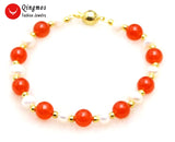Qingmos Natural Pearl Bracelet Women's Jewelry 8mm Red Jade Stone 7.5''