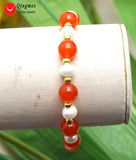 Qingmos Natural Pearl Bracelet Women's Jewelry 8mm Red Jade Stone 7.5''