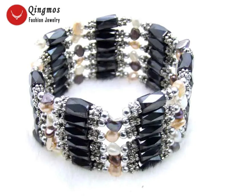 Qingmos Dark Green Pearl Bracelet with Hematite Magnetic Necklace