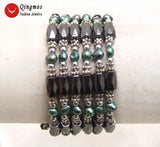 Qingmos Dark Green Pearl Bracelet with Hematite Magnetic Necklace