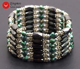 Qingmos Dark Green Pearl Bracelet with Hematite Magnetic Necklace