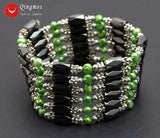 Qingmos Green Pearl Bracelet & Necklace Set, Magnetic Hematite
