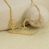 Double Name Necklaces with Iced Heart Stainless Steel Chain Personalized Jewelry