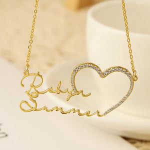 Double Name Necklaces with Iced Heart Stainless Steel Chain Personalized Jewelry
