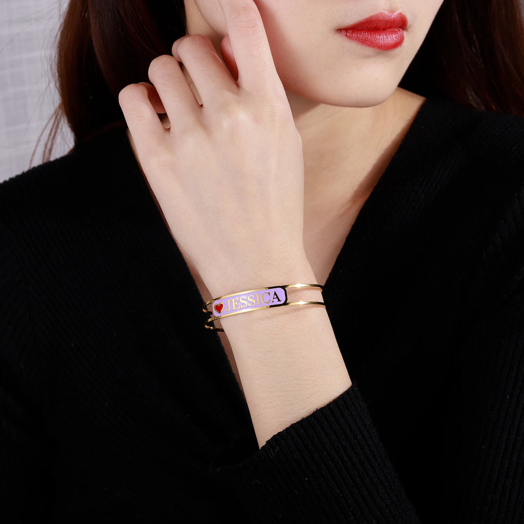 Custom Enamel Name Charm Bracelet Stainless Steel Women's Jewelry Gift