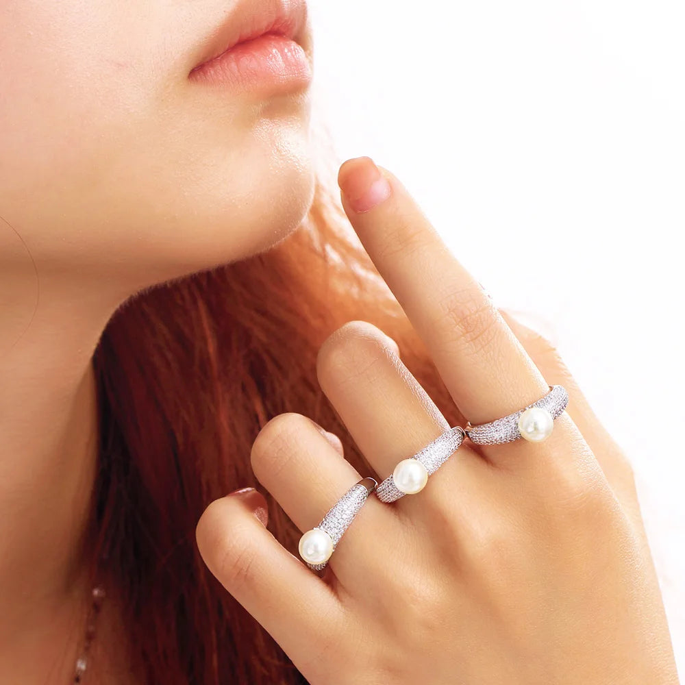 Adjustable CZ Pave Engagement Wedding Pearl Ring Silver Jewelry