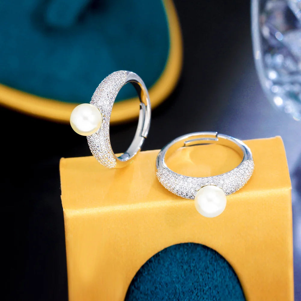 Adjustable CZ Pave Engagement Wedding Pearl Ring Silver Jewelry