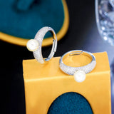 Adjustable CZ Pave Engagement Wedding Pearl Ring Silver Jewelry