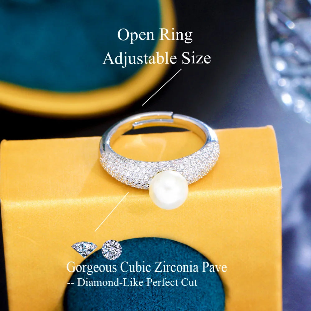 Adjustable CZ Pave Engagement Wedding Pearl Ring Silver Jewelry