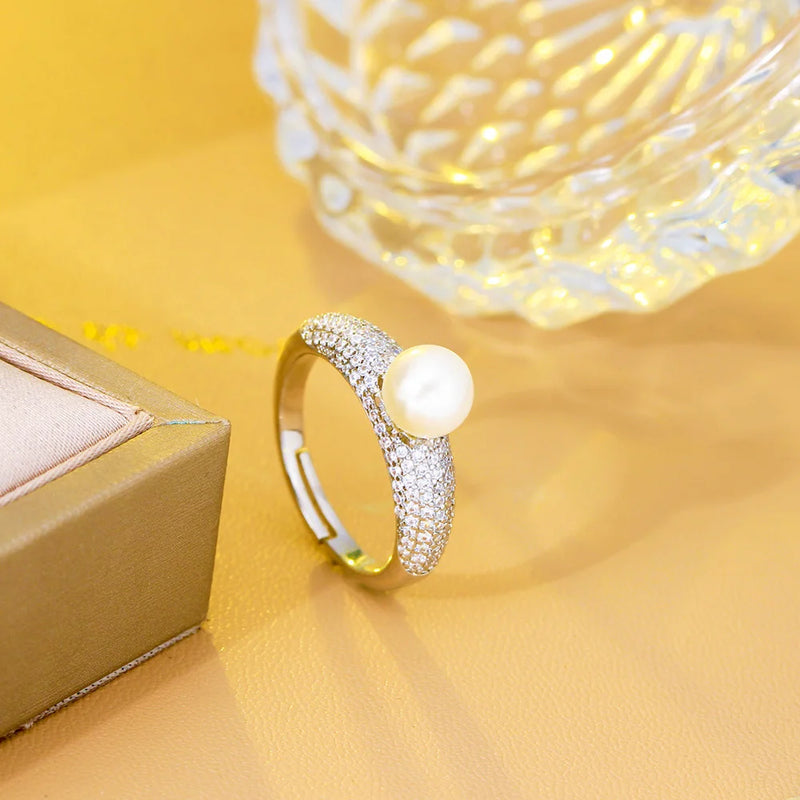 Adjustable CZ Pave Engagement Wedding Pearl Ring Silver Jewelry