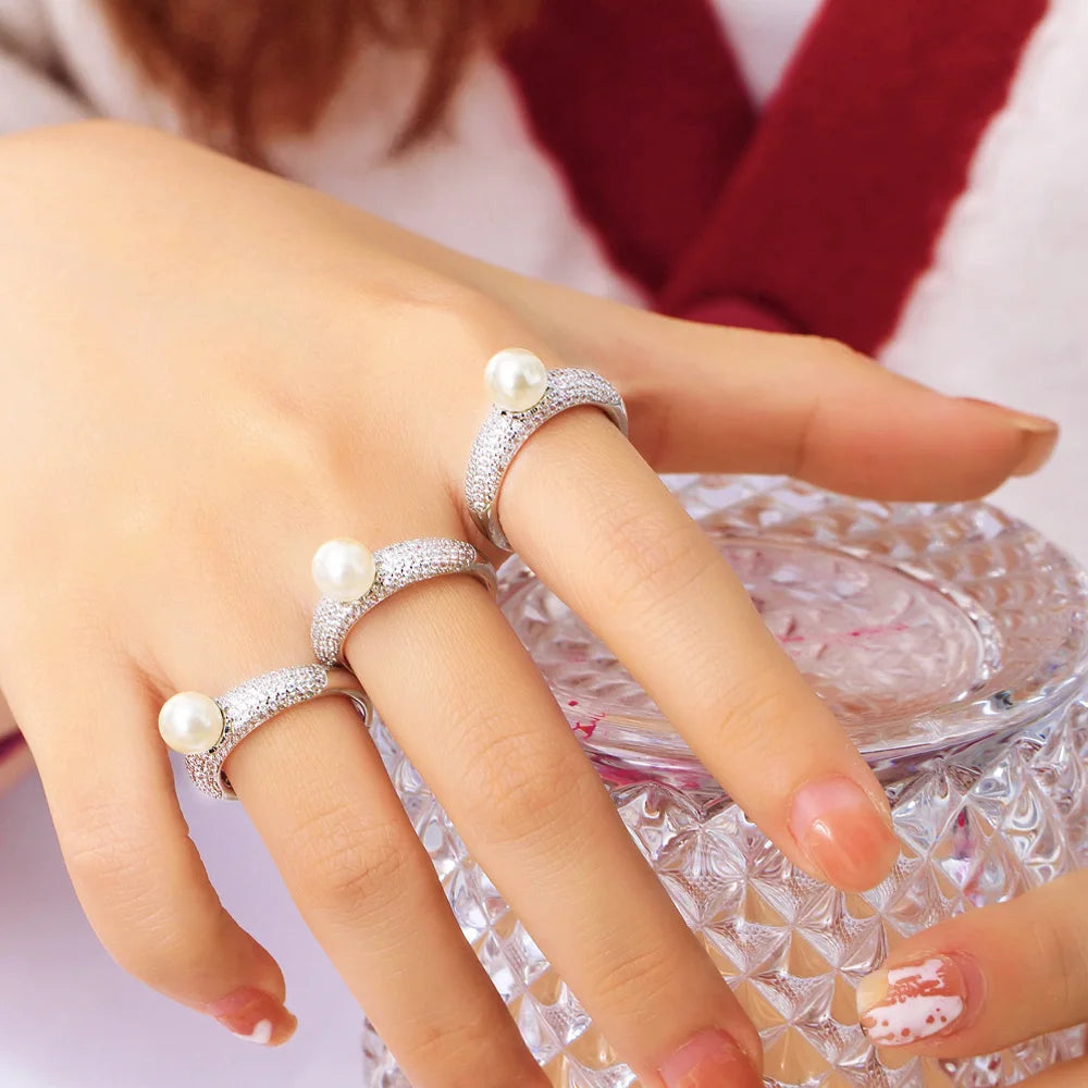 Adjustable CZ Pave Engagement Wedding Pearl Ring Silver Jewelry