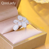 CZ Silver Adjustable Leaf Flower Ring Women Wedding Jewelry F094