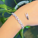 Pink CZ Silver Cuban Chain Bracelet Women's Party Jewelry S037