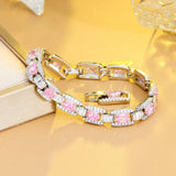 Pink CZ Silver Cuban Chain Bracelet Women's Party Jewelry S037