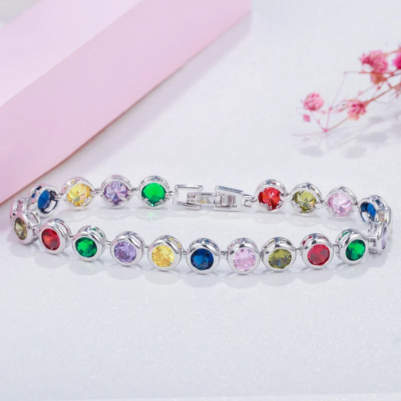 Rainbow CZ Crystal Tennis Bangle Bracelet for Women Lady Party