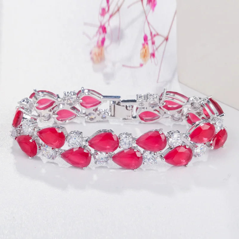 Red Cubic Zircon Stone Wide Bracelet for Women Wedding Party Dress Accessories