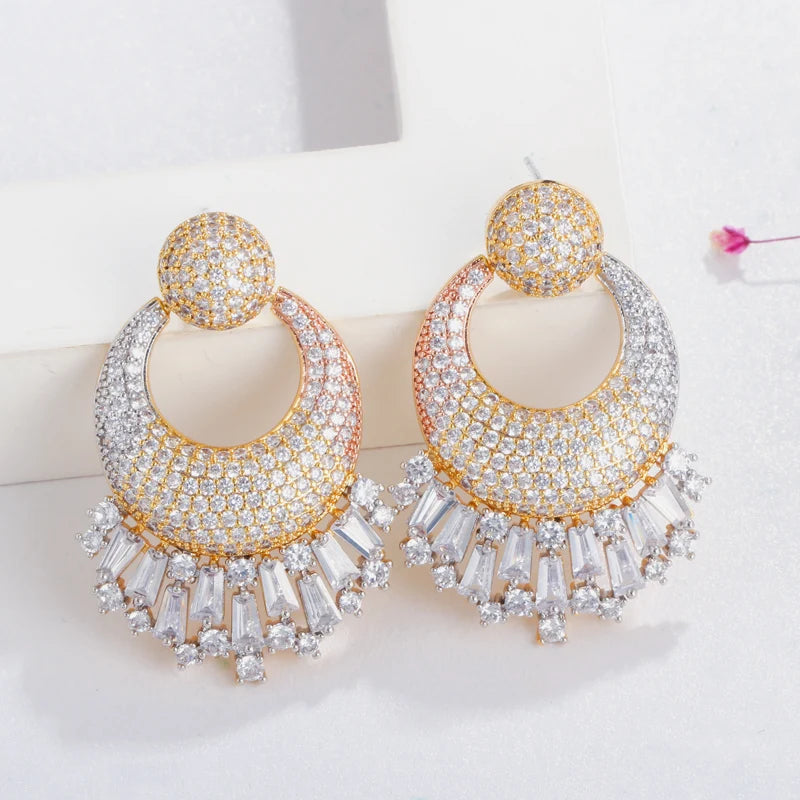 18k Micro Pave Full CZ Stone Round Dangle Earrings for Women