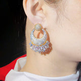 18k Micro Pave Full CZ Stone Round Dangle Earrings for Women
