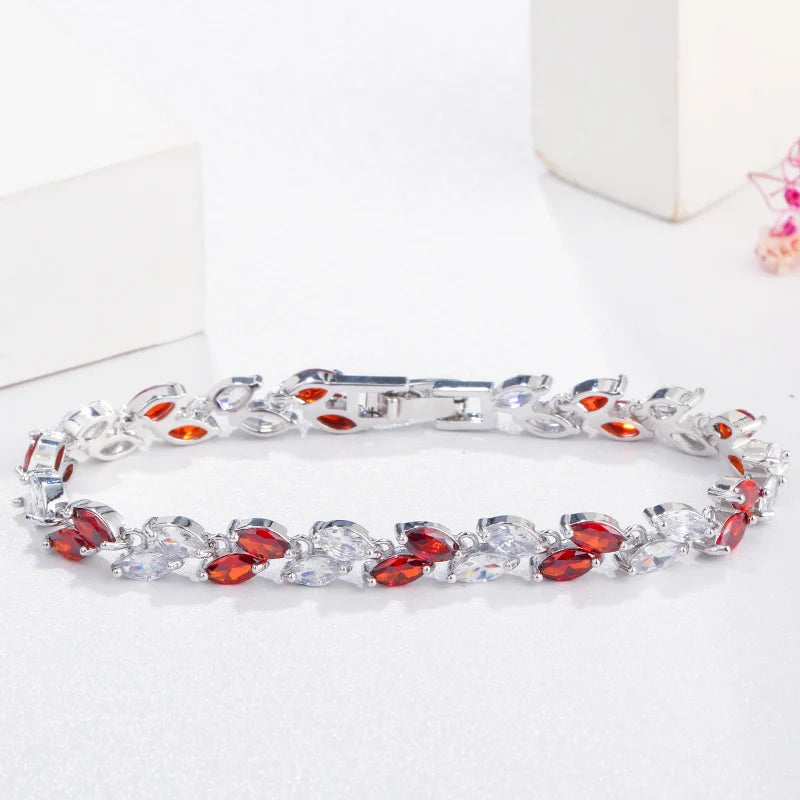 QooLady Purple Pink CZ Stone Mix Leaf Charm Bracelet Bangle for Women S025
