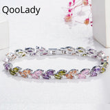 QooLady Purple Pink CZ Stone Mix Leaf Charm Bracelet Bangle for Women S025
