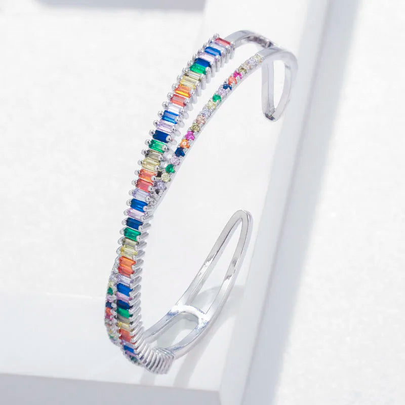 Colorful CZ Baguette Stone X Cross Bangle Bracelet K006