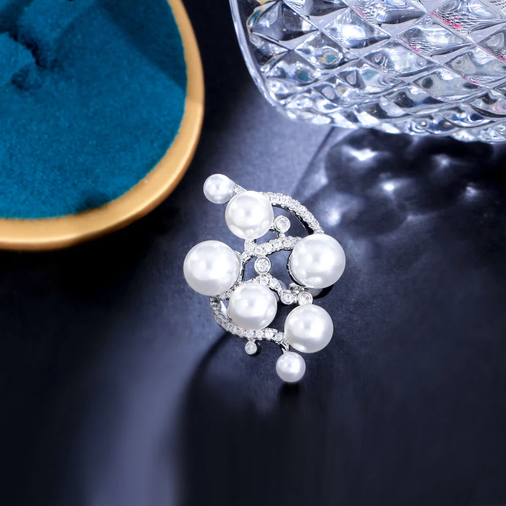 Pearls Charm CZ Silver Open Resizable Rings Women Wedding Bands