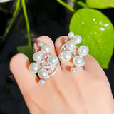 Pearls Charm CZ Silver Open Resizable Rings Women Wedding Bands
