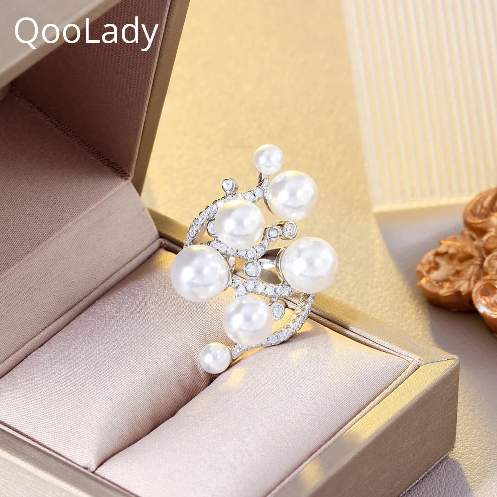 Pearls Charm CZ Silver Open Resizable Rings Women Wedding Bands