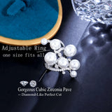 Pearls Charm CZ Silver Open Resizable Rings Women Wedding Bands