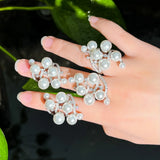 Pearls Charm CZ Silver Open Resizable Rings Women Wedding Bands