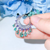 Tassel Circle Purple CZ Crystal Hoop Earrings for Women Bridal Jewelry