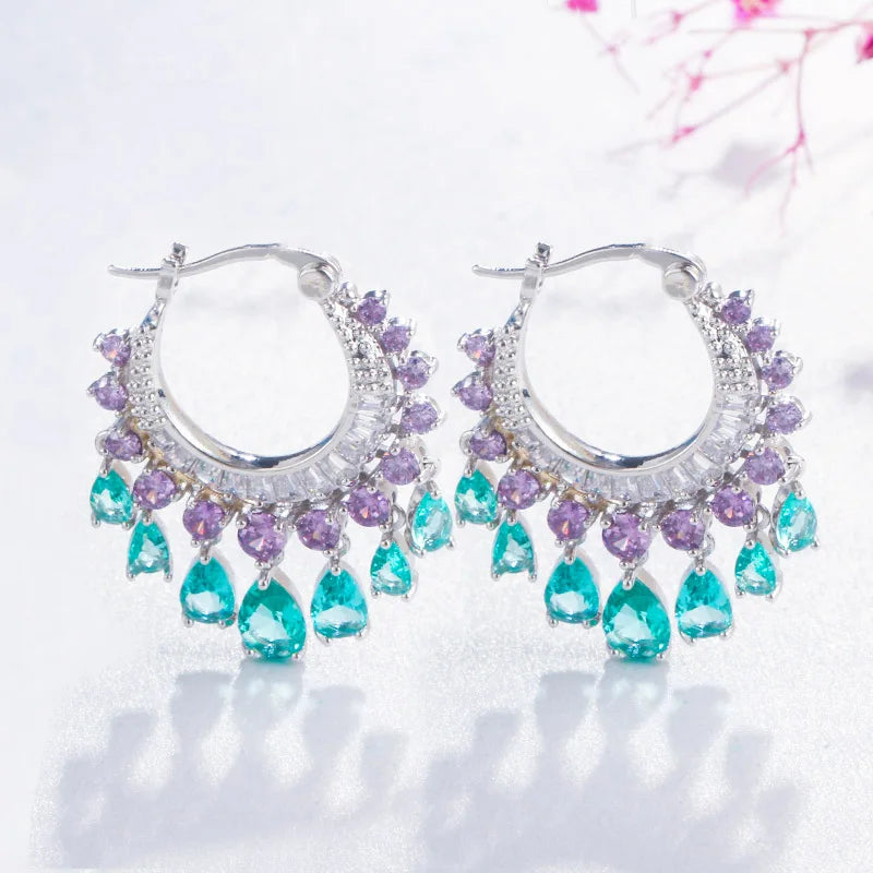 Tassel Circle Purple CZ Crystal Hoop Earrings for Women Bridal Jewelry