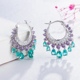 Tassel Circle Purple CZ Crystal Hoop Earrings for Women Bridal Jewelry