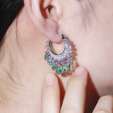 Tassel Circle Purple CZ Crystal Hoop Earrings for Women Bridal Jewelry