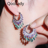 Tassel Circle Purple CZ Crystal Hoop Earrings for Women Bridal Jewelry
