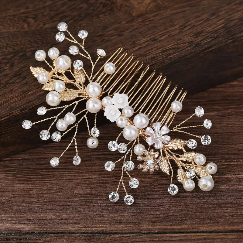 Bridal Tiara Hair Combs Golden Leaf Flower Hair Pin