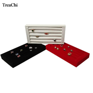 Wooden Ring Bar Jewelry Display Case Red Velvet Earring Storage Box