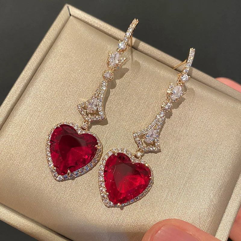 Queen Heart Lab Ruby Earrings 925 Sterling Silver Dangle Earrings