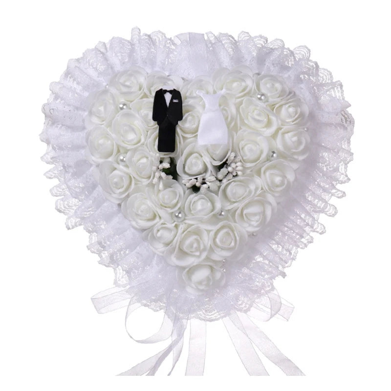 R2LE Bride & Groom Pearl Ring Bearer Pillow - Rose Lace Edge