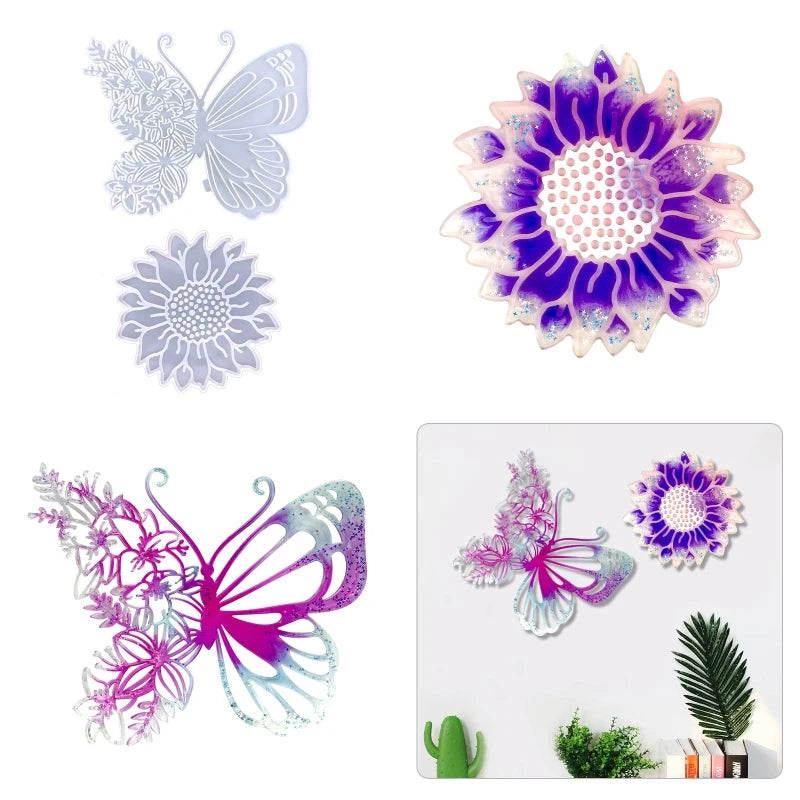 2 Pcs Sunflower Butterfly Wall Ornament Silicone Mold