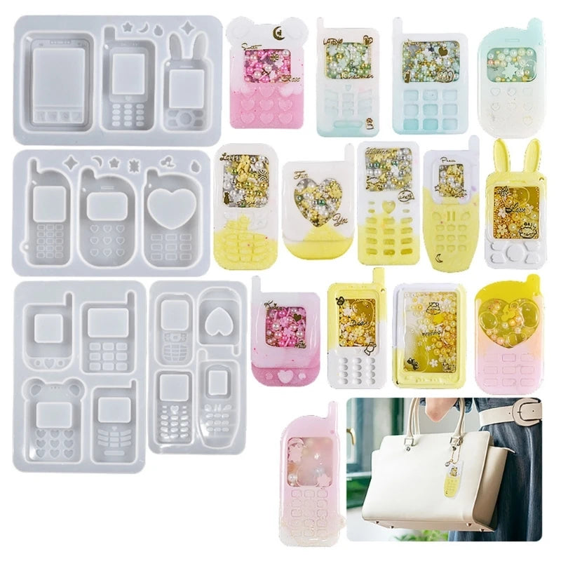 4 Pcs Bear Phone Quicksand Silicone Molds Keyring Pendant Mold