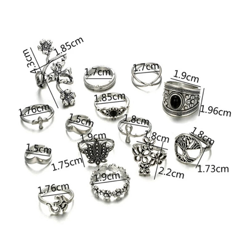14 pcs/Set Knuckle Ring Floral Punk Boho Vintage Jewelry Women Men