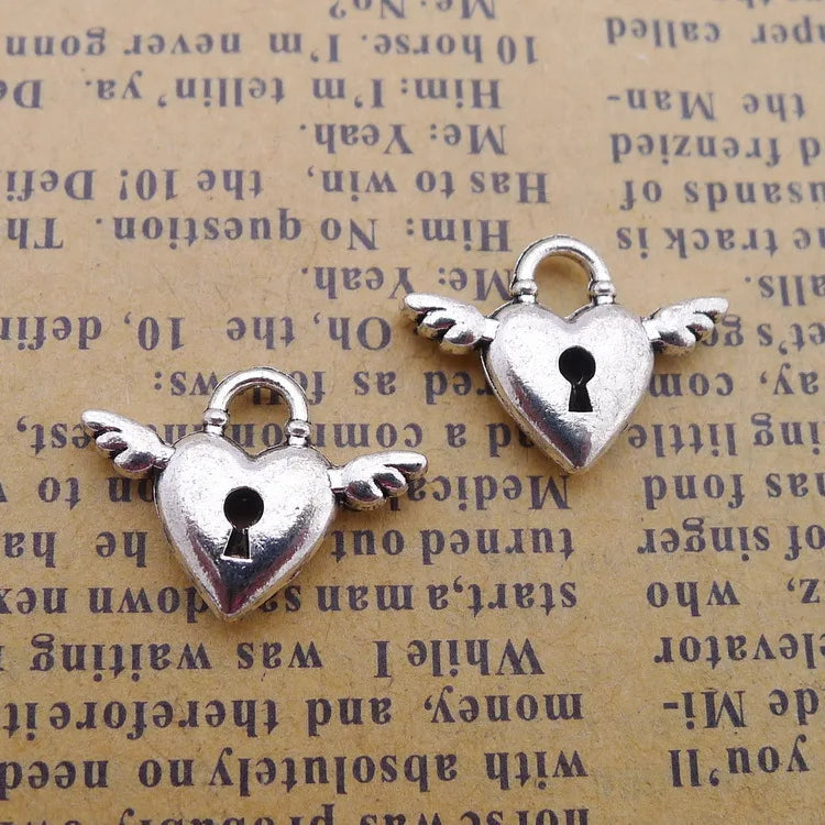 Heart Shape Lock Angel Wing Charms 100pcs AAC482