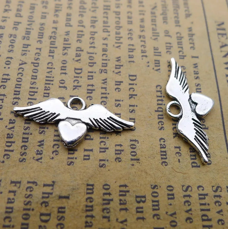 Antique Silver Wing Heart Charms 11*24mm 100pcs AAC1054
