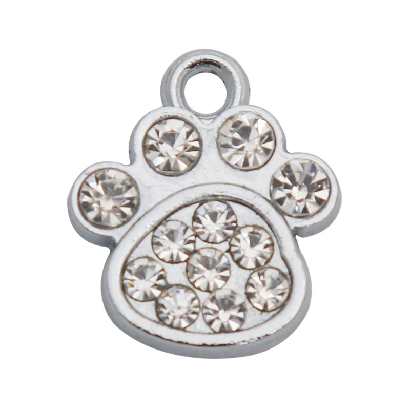 Rhodium Dog Paw Alloy Charms with Rhinestones for Kids