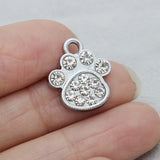 Rhodium Dog Paw Alloy Charms with Rhinestones for Kids