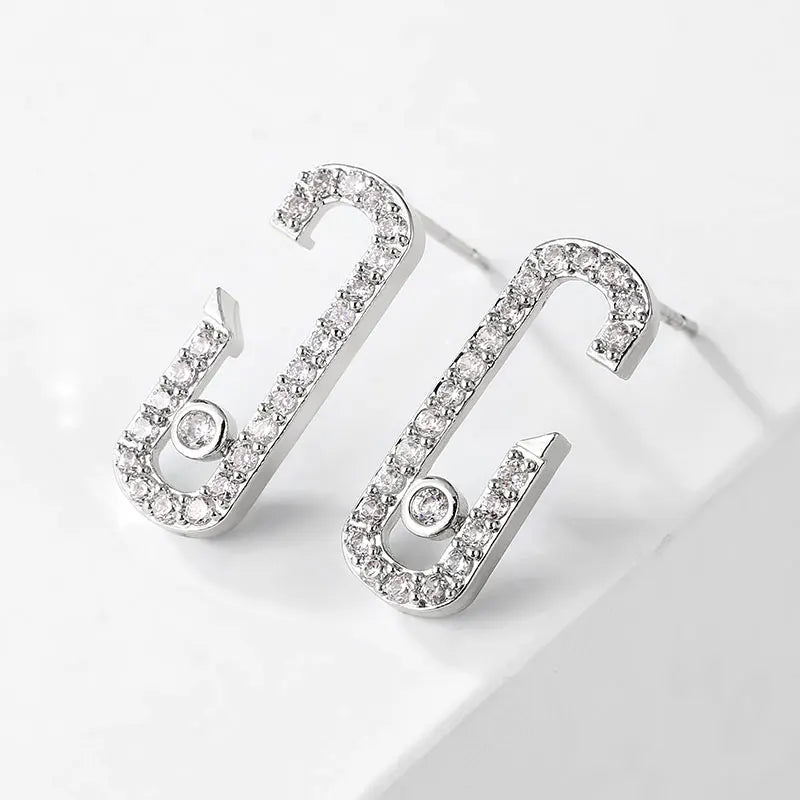 Geometric Paper Clip Stud Earrings with Cubic Zircon - Women's Jewelry