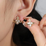 Korea Heart Planet Stud Earrings Round Simulated Pearl Cross Crystal Earring Par