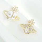 Korea Heart Planet Stud Earrings Round Simulated Pearl Cross Crystal Earring Par